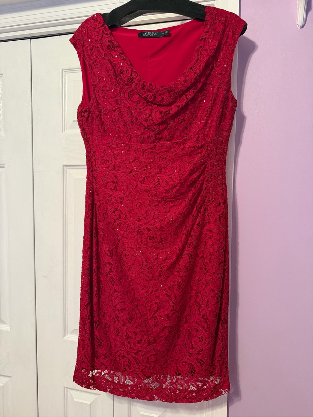 Lauren Ralph Lauren Red Lace Cowl Neck Sheath Dress